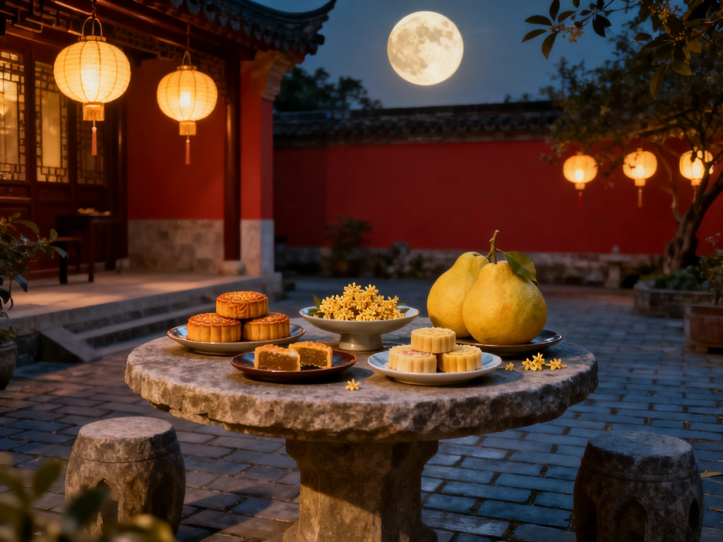 jimeng 2026 09 21 9101 新中式风格中秋唯美风景，带有节日专属的美食，不用任何文字